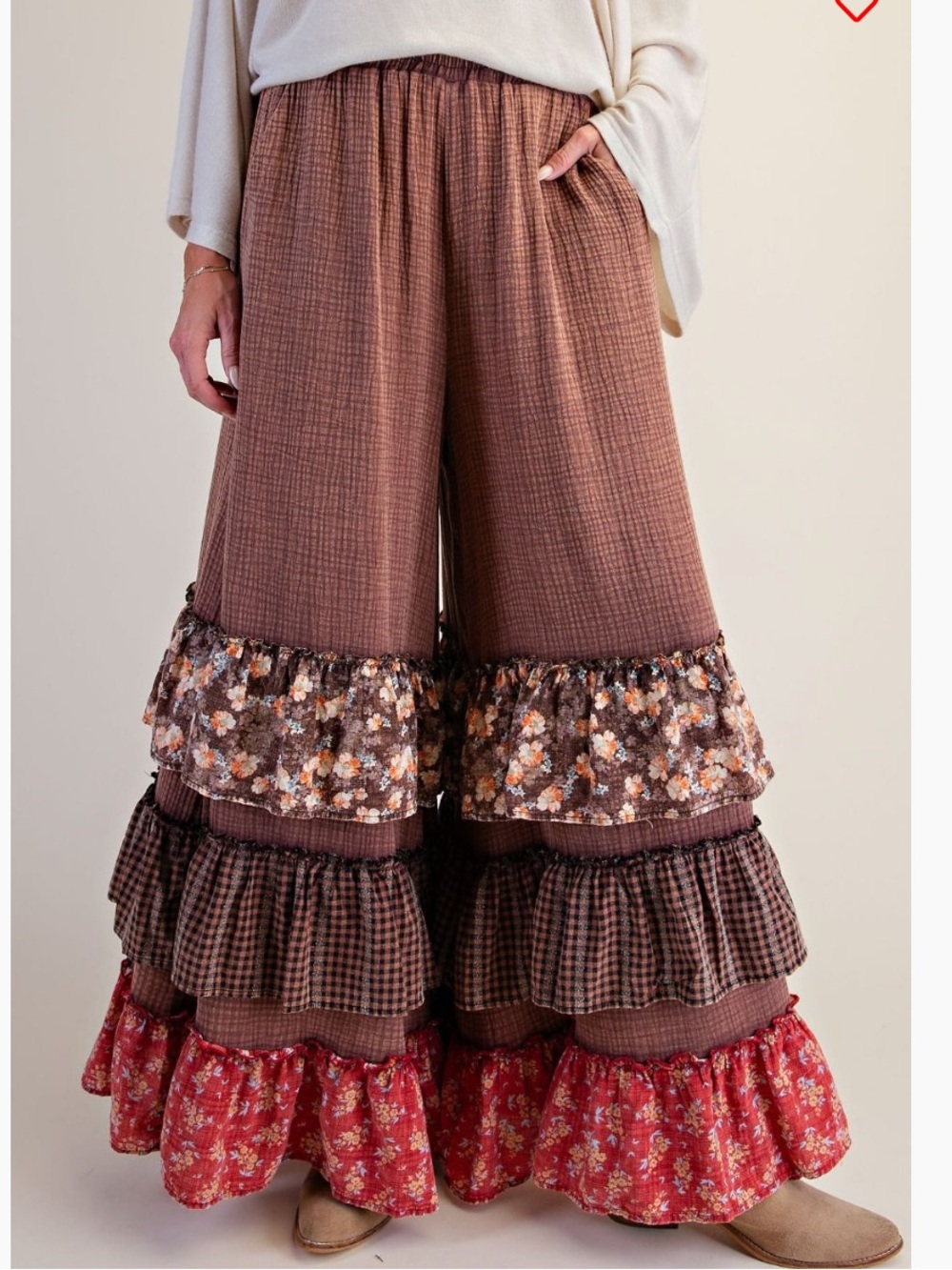 EF77–🤎 (ETA 9/15) Boho Wide-Leg Ruffle Tiered Pants in Brown